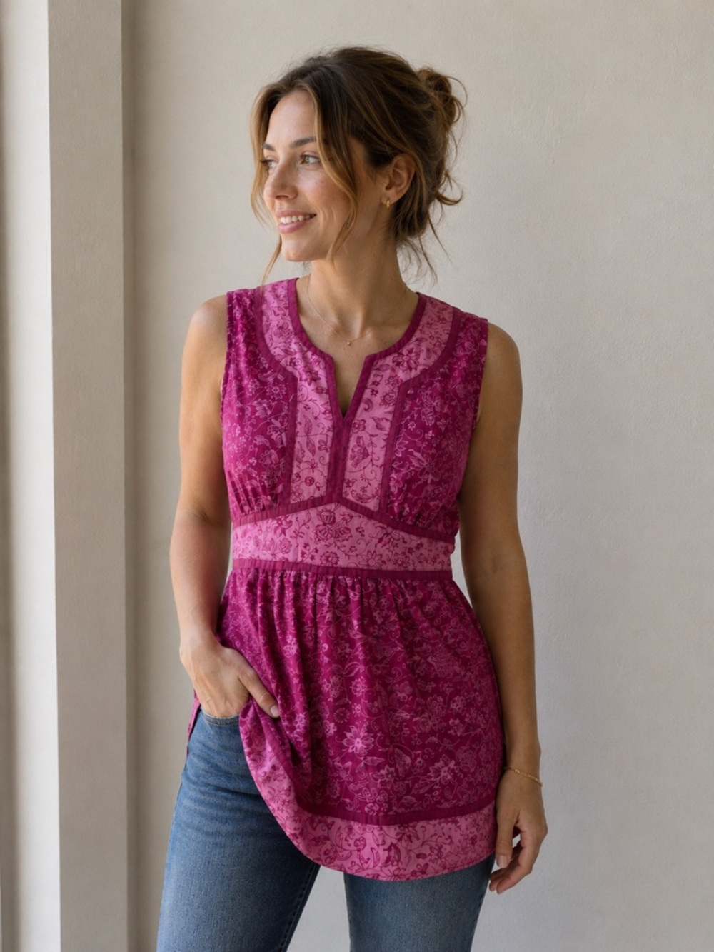 Sonoma Life + Style Women’s Sleeveless Floral Tunic Top Pink Purple Size Medium